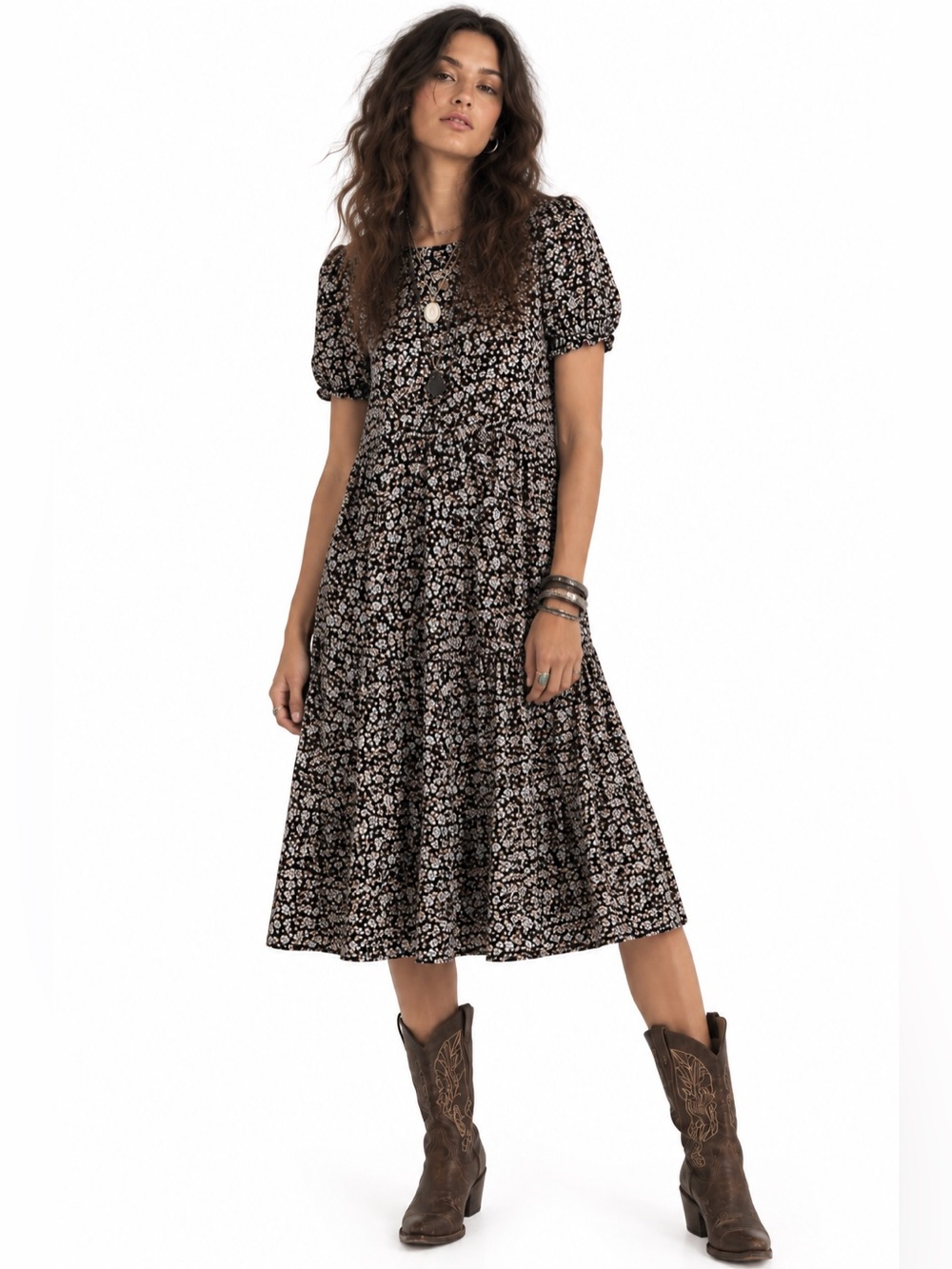 Aerie Floral Boho Tiered Grunge Black Blue Midi Dress size Small